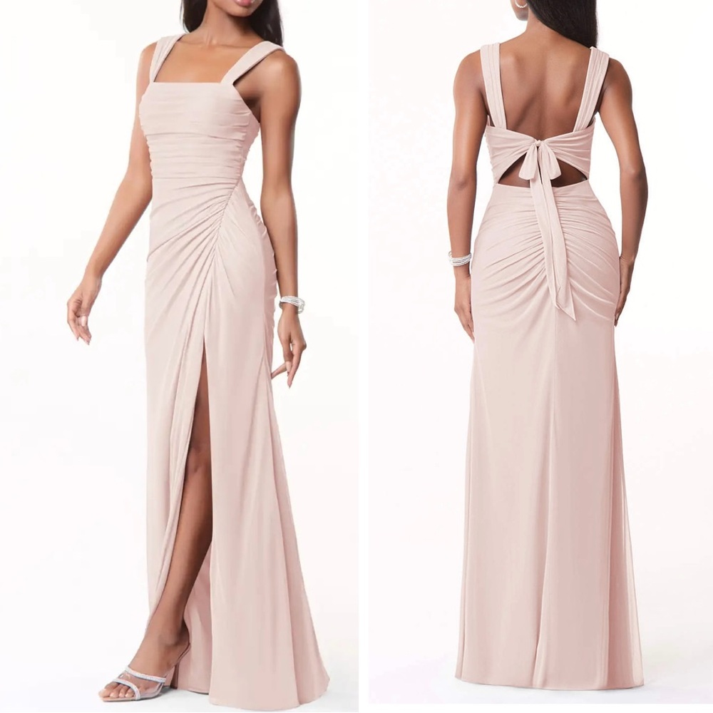 Azazie Jesaphine Blush Pink Sheath Square Neck Stretch Ruched Maxi Dress Bow NWT